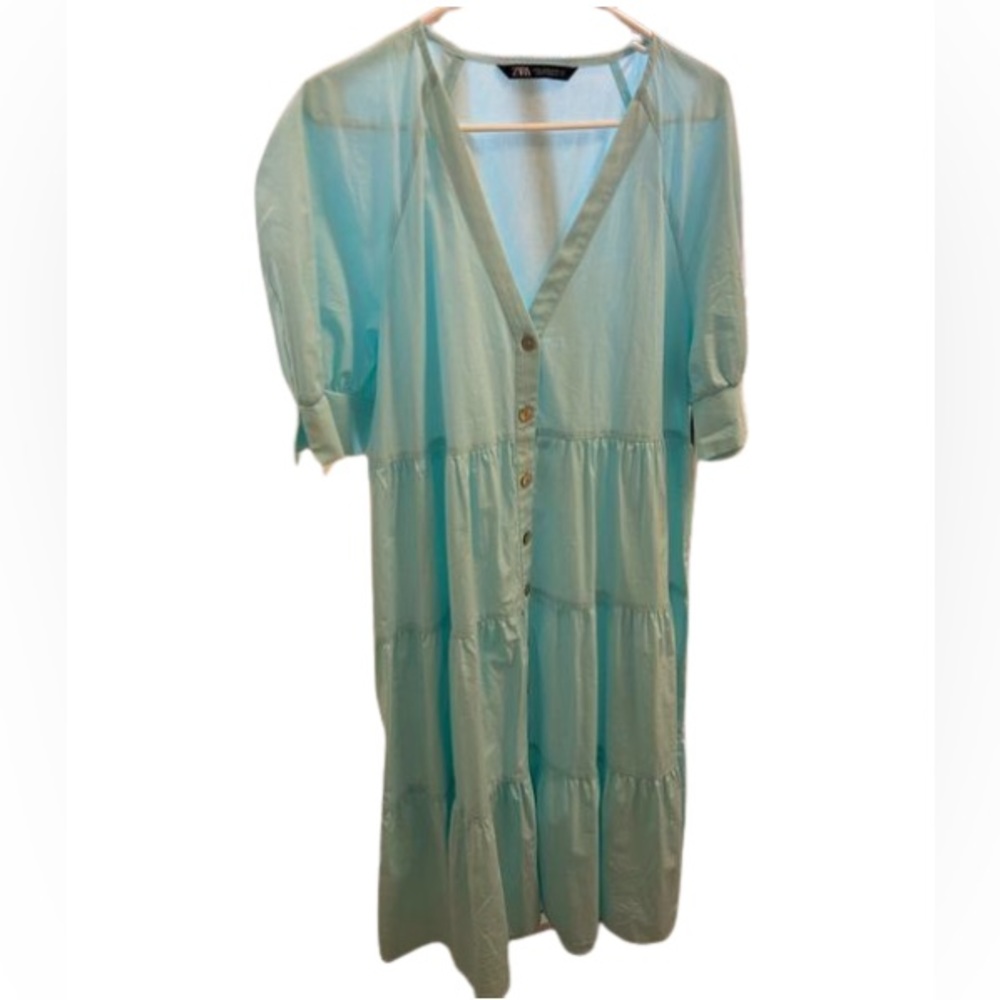 ZARA blue tiered dress , deep V neck and short puffed sleeves, size XL.